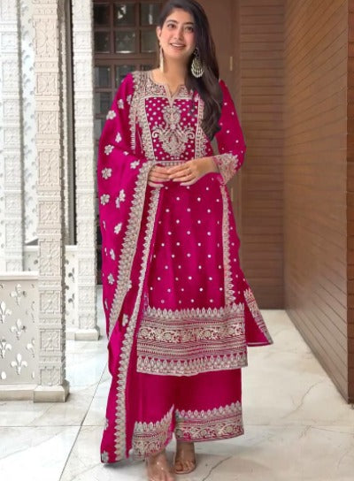 Rani Pink Thread & Sequence Work Palazzo Suit Set 