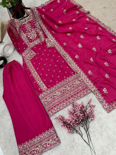 Rani Pink Thread & Sequence Work Palazzo Suit Set 