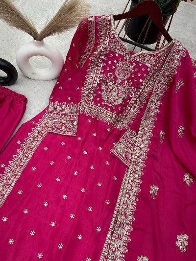 Rani Pink Thread & Sequence Work Palazzo Suit Set 