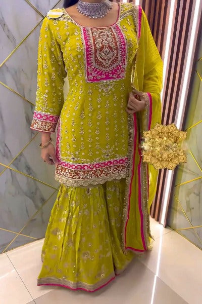 Yellow Designer Heavy Embroidered Sequence Work Gharara Suit Set