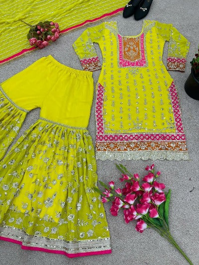 Yellow Designer Heavy Embroidered Sequence Work Gharara Suit Set