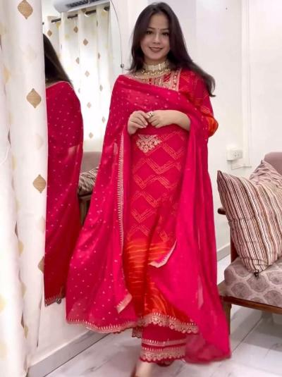 Red Pink Georgette Bandhani Straight Suit Set