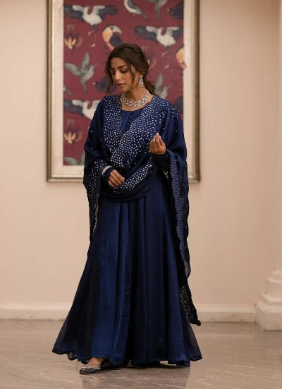 Navy Blue Georgette Flair Anarkali Gown Suit Set