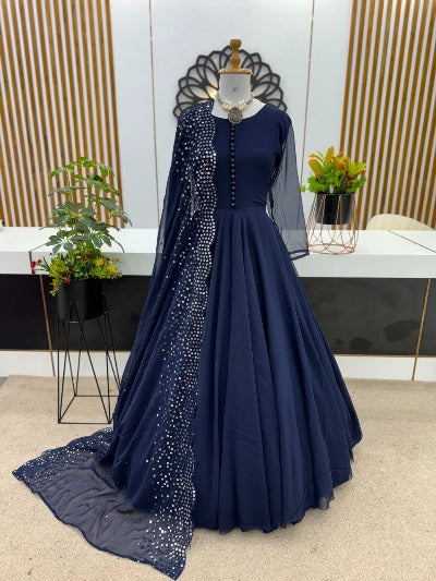 Navy Blue Georgette Flair Anarkali Gown Suit Set