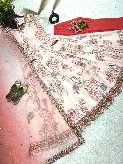 Cream & Red Floral Georgette Anarkali Suit Set
