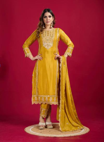 Yellow Real Mirror Khatli Work Salwar Suit Set