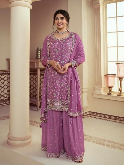 Onion Purple Designer Sequins Thread Work Palazzo Suit Set