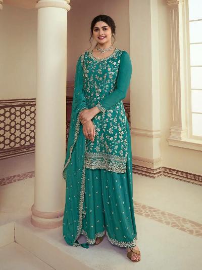 Teal Green Designer Sequins Thread Work Palazzo Suit Set