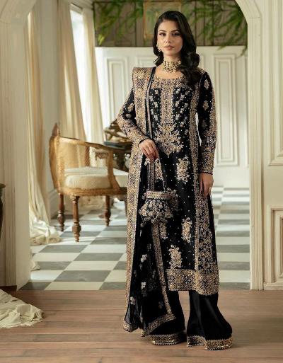 Black Georgette Sequins Pearl Work Straight Suit Set