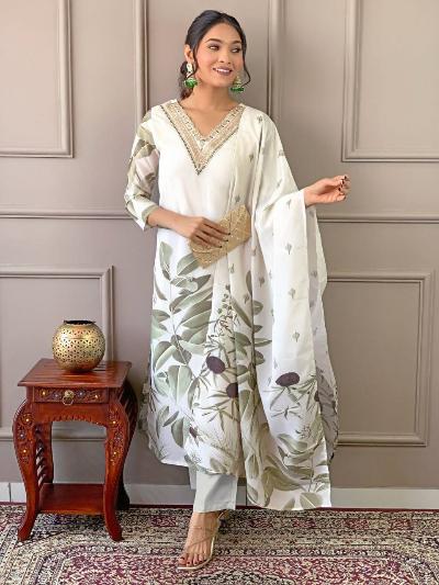 White Chanderi Leaf Print Salwar Suit Set