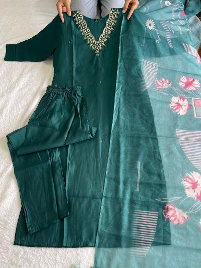 Dark Turquoise Silk Salwar Suit With Chanderi Dupatta