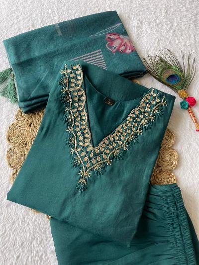 Dark Turquoise Silk Salwar Suit With Chanderi Dupatta