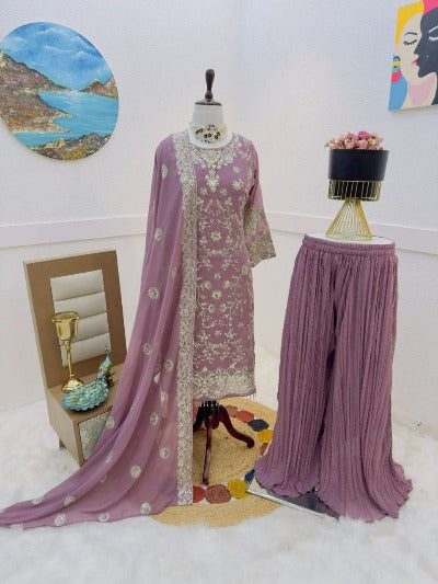 Pastel Lavender Georgette Heavy Embroidered Sequence Work Palazzo Suit Set