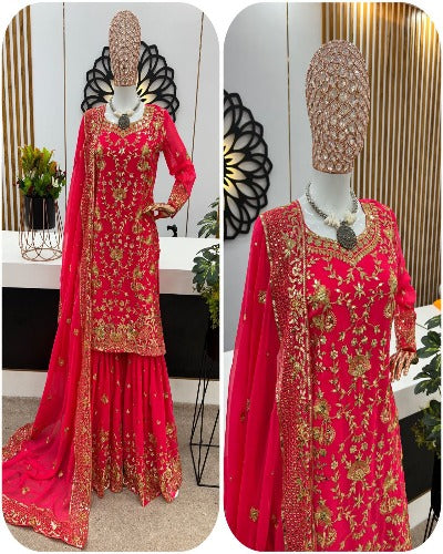 Pink Heavy Georgette 5MM Sequence Work Party Wear Sharara Suit Set