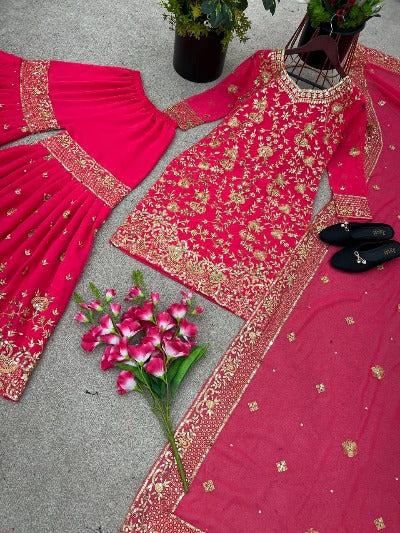 Pink Heavy Georgette 5MM Sequence Work Party Wear Sharara Suit Set