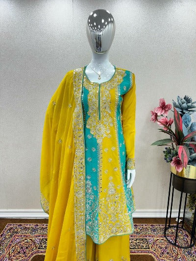 Yellow & Blue Chinon Silk Sequence Work Palazzo Suit Set