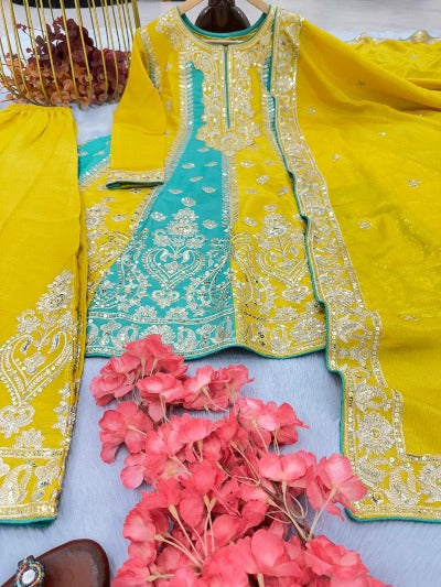 Yellow & Blue Chinon Silk Sequence Work Palazzo Suit Set