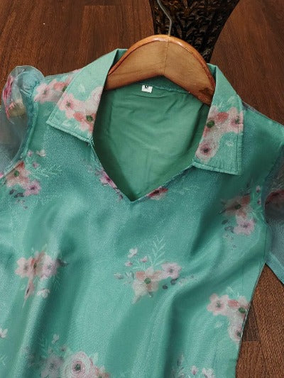 Sea Green Organza Digital Floral Print Kurti 1Pc