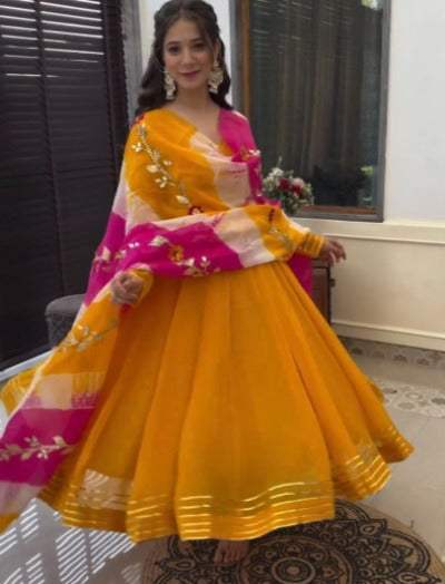 Yellow Chinon Silk Anarkali Suit With Georgette Dupatta