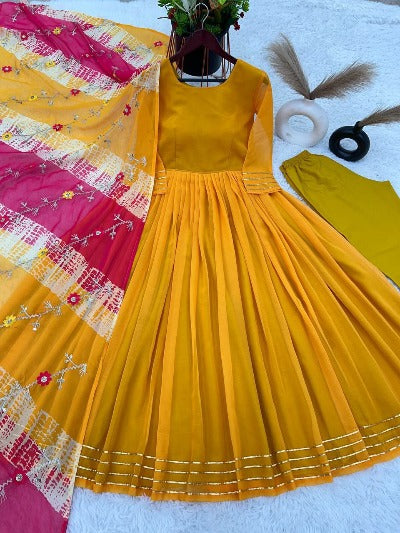 Yellow Chinon Silk Anarkali Suit With Georgette Dupatta