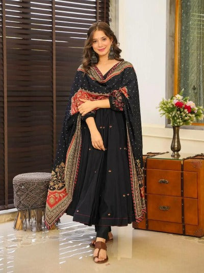 Black Chinon Flair Anarkali Palazzo Suit Set