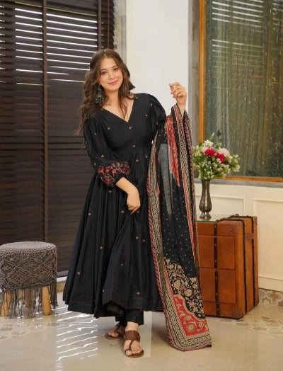 Black Chinon Flair Anarkali Palazzo Suit Set