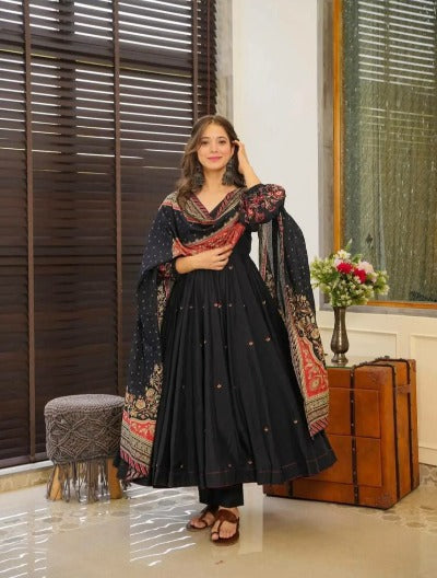 Black Chinon Flair Anarkali Palazzo Suit Set