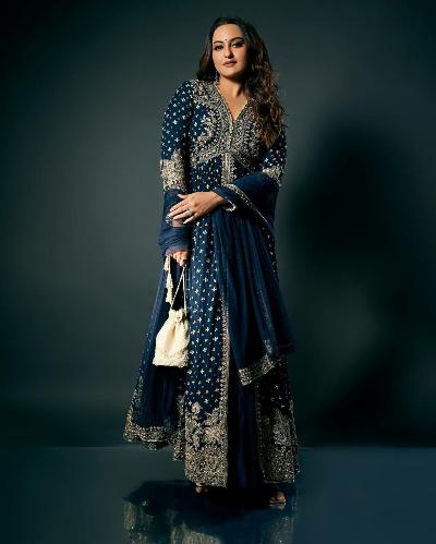 Peacock Blue Partywear Gown Skirt Dupatta Set Of 3