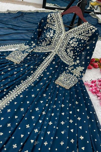 Peacock Blue Partywear Gown Skirt Dupatta Set Of 3