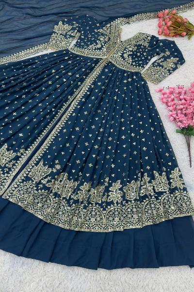 Peacock Blue Partywear Gown Skirt Dupatta Set Of 3