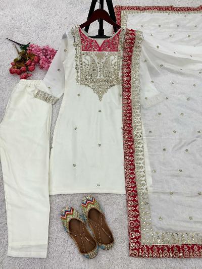 White Chinon Silk Elegant Sequins Work Salwar Suit Set