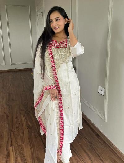 White Chinon Silk Elegant Sequins Work Salwar Suit Set