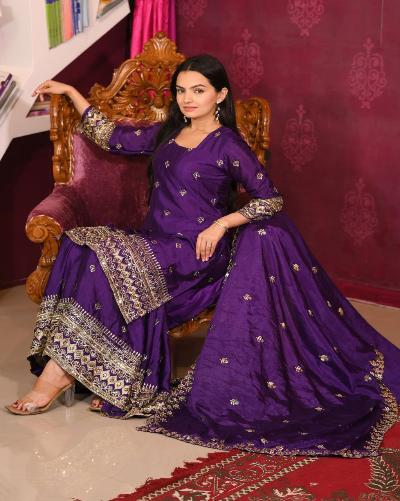 Purple Chinon Embroidered Kurti Sharara Dupatta Set