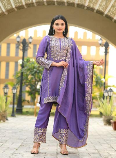 Lavender Chinon Sequins Embroidery Short Kurti Pant Dupatta Set