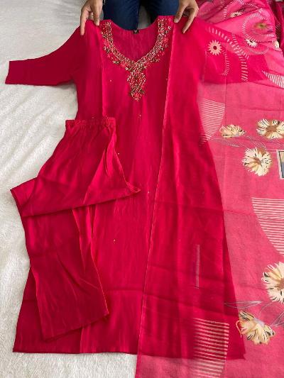 Tomato Red Roman Silk Salwar Suit Chanderi Dupatta