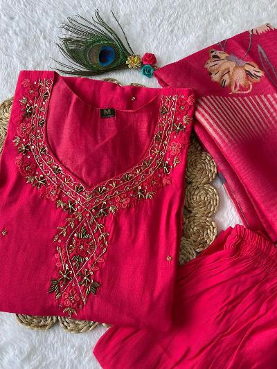 Tomato Red Roman Silk Salwar Suit Chanderi Dupatta