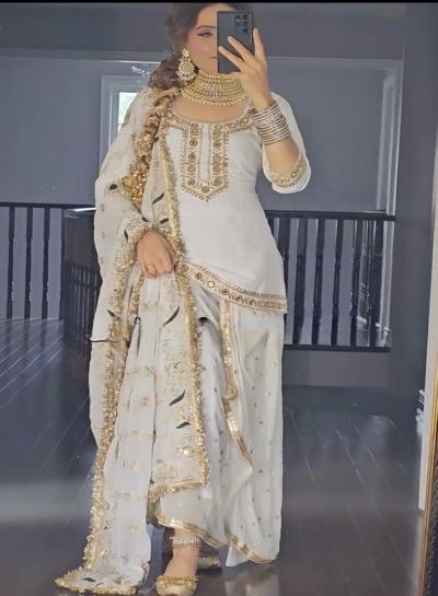 White Silk Embroidered Punjabi Patiala Suit Set