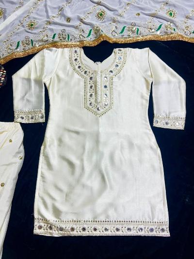 White Silk Embroidered Punjabi Patiala Suit Set