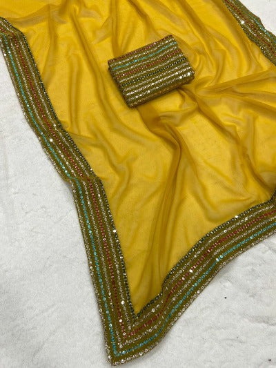 Mustard Yellow Smooth Georgette Multicolour Sequins Work Saree