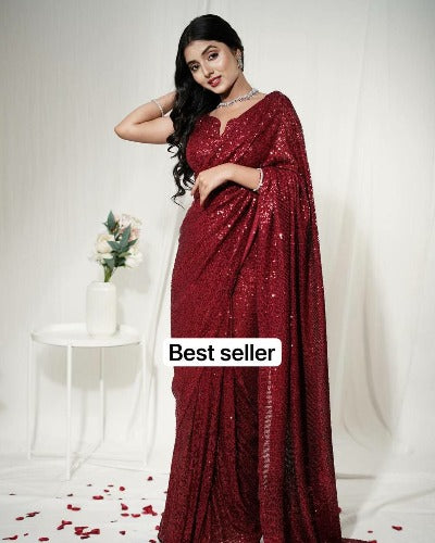 Red Bollywood Inspired Sequins Work Georgette Saree