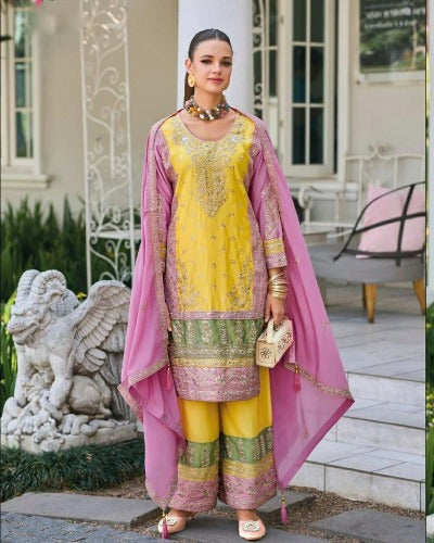 Yellow & Pink Designer Georgette Palazzo Suit Set
