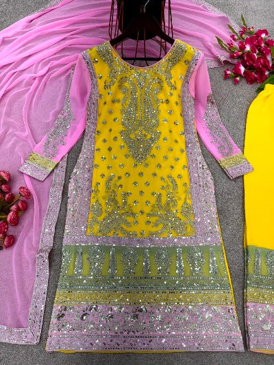 Yellow & Pink Designer Georgette Palazzo Suit Set