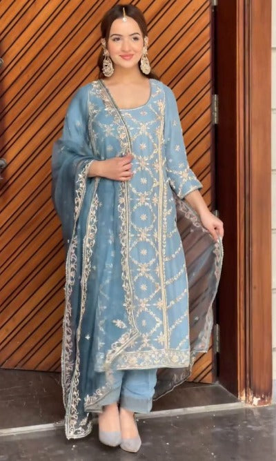 Powder Blue Designer Partywear Sequenced Salwar Suit Set