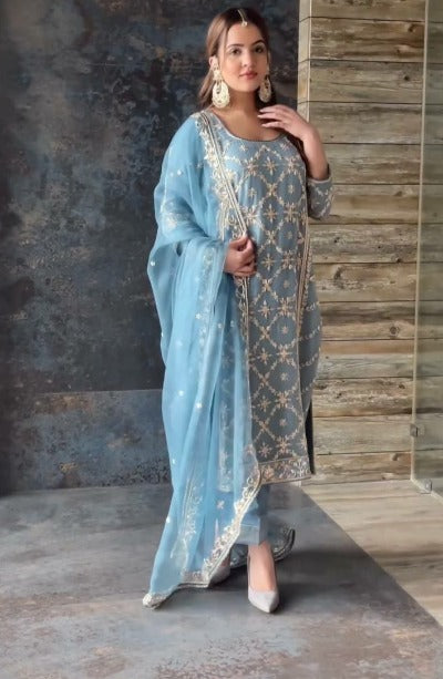 Powder Blue Designer Partywear Sequenced Salwar Suit Set