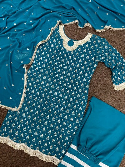 Blue Georgette Sequins & Mirror Work Palazzo Suit Set