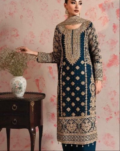 Dark Blue Faux Georgette Thread Sequins Salwar Suit Set