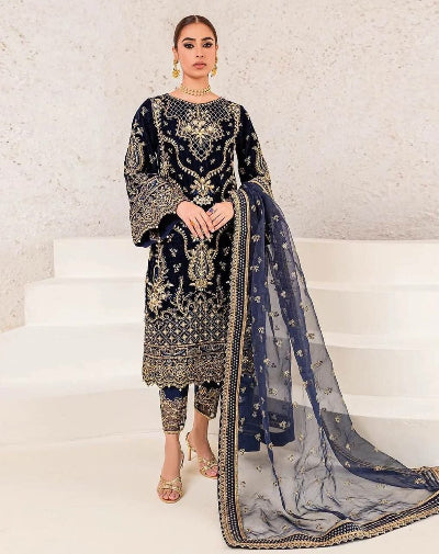 Navy Blue Premium Velvet Wedding Collection Salwar Kameez Set