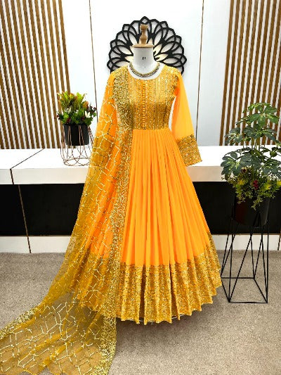 Mango Yellow Designer Georgette Anarkali Gown & Dupatta Set