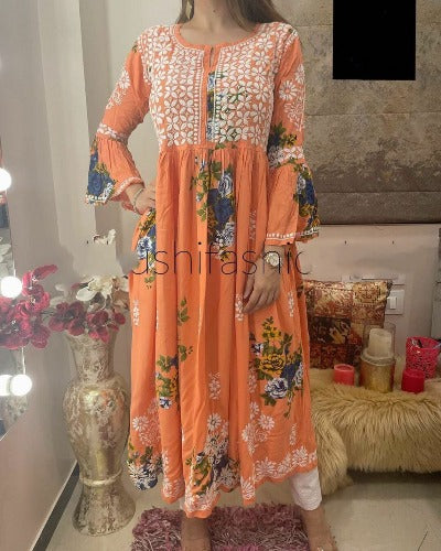 Peach Soft Cotton Embroidered Bell Sleeves Kurti with Pant