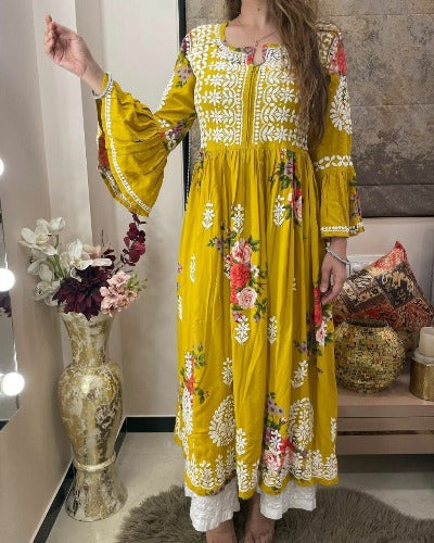 Yellow Soft Cotton Embroidered Bell Sleeves Kurti with Pant